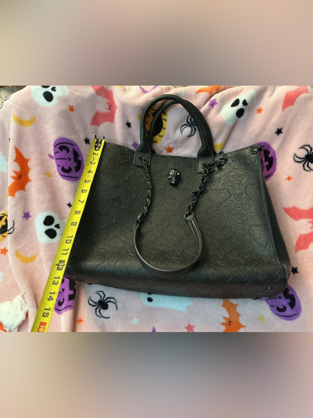 Betsey Johnson Black Embossed Skull Tote with Skull Charm - Rare!